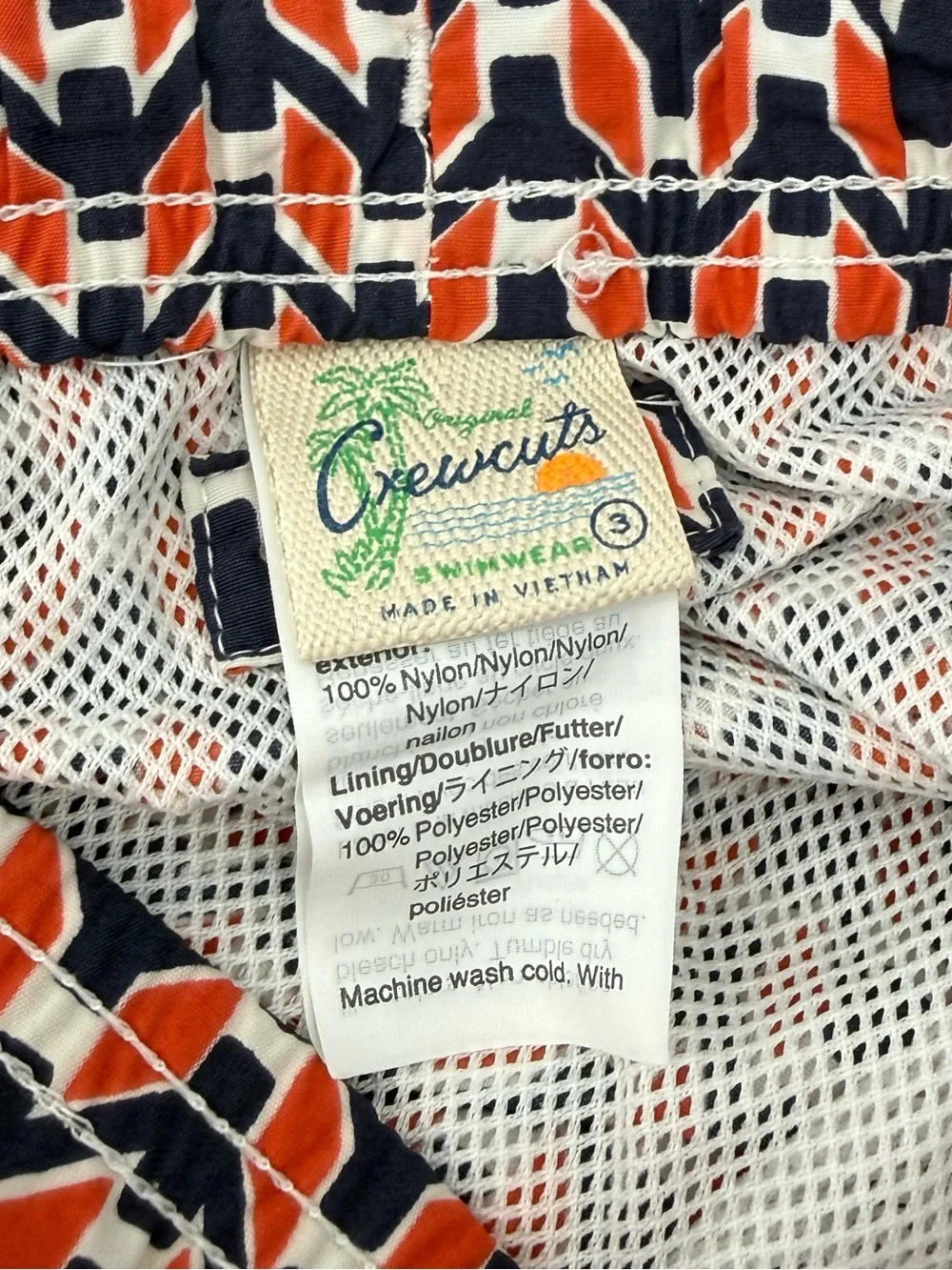 Crewcuts Boys Geo Print Swim Trunks | Navy / Orange / White | Size 3